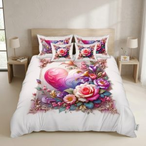 Bedior Diamond 5 Pcs Digital Printed King Bed Sheet Set - Floral Heart Design