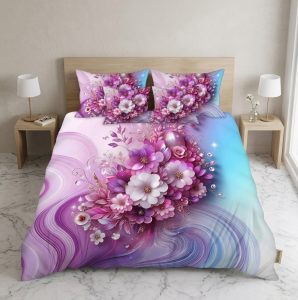 Bedior Diamond 5 Pcs Digital Printed King Bed Sheet Set - Purple & Aqua Floral Swirl
